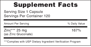 Supplement Facts for 25 mg zinc